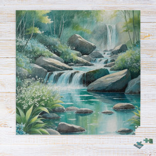 Waterfalls on the Forest Stream - Watercolor Jigsaw Puzzle