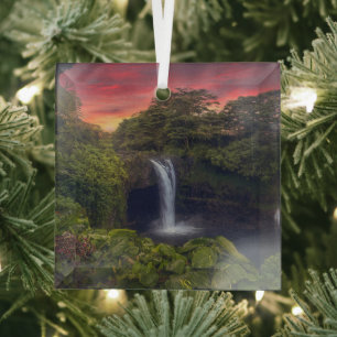 Waterfalls Rainbow Falls, Hilo, Hawaii Glass Tree Decoration