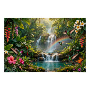 Waterfalls Rainbow Hummingbirds Tropical Hideaway Poster