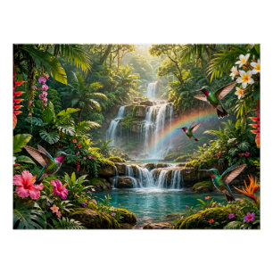 Waterfalls Rainbow Hummingbirds Tropical Hideaway Poster