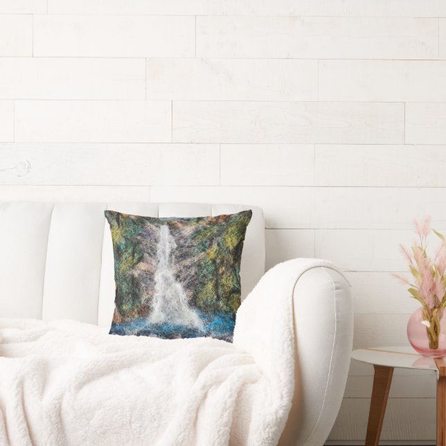Waterfalls Wool Needle Felting Art Blue  Cushion (Couch)