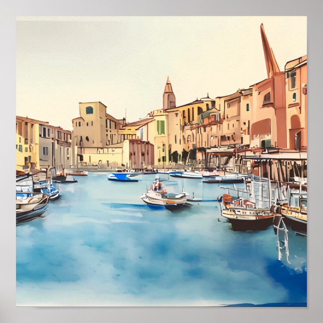 Waterfront And Boats In The Harbour, Italian Poster (Front)