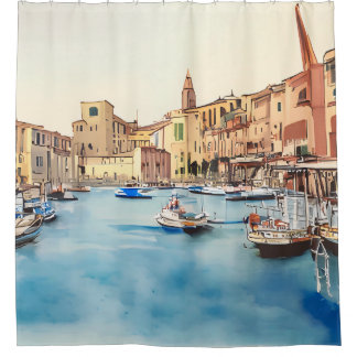 Waterfront And Boats In The Harbour, Italian Shower Curtain