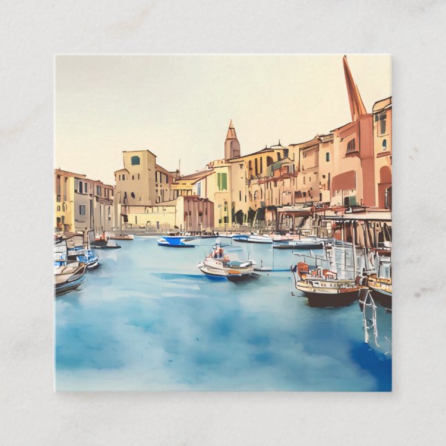 Waterfront And Boats In The Harbour, Italian Square Business Card (Front)