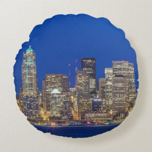 Waterfront and Downtown Skyline at Twilight Round Cushion