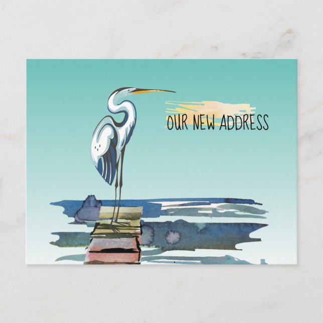Waterfront Dock Great Blue Heron Aqua New Address Announcement Postcard (Front)