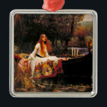 Waterhouse Lady of Shalott Metal Ornament<br><div class="desc">Ornament featuring John William Waterhouse’s oil painting The Lady of Shalott (1888). A beautiful woman in a white dress escapes on a boat from her fate to look at all the world through a mirror and weave a tapestry from it—but upon viewing Prince Lancelot, the curse follows the Lady of...</div>