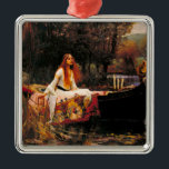 Waterhouse Lady of Shalott Metal Ornament<br><div class="desc">Ornament featuring John William Waterhouse’s oil painting The Lady of Shalott (1888). A beautiful woman in a white dress escapes on a boat from her fate to look at all the world through a mirror and weave a tapestry from it—but upon viewing Prince Lancelot, the curse follows the Lady of...</div>