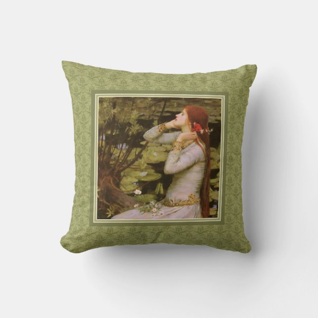 Waterhouse Ophelia Green Damask Cushion (Front)