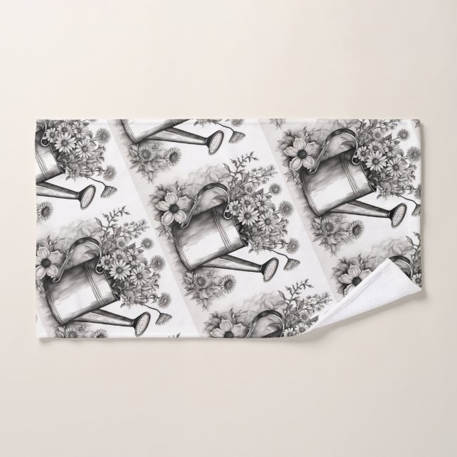 Watering can, Black & white art , Spring Art,  Bath Towel Set (Hand Towel)