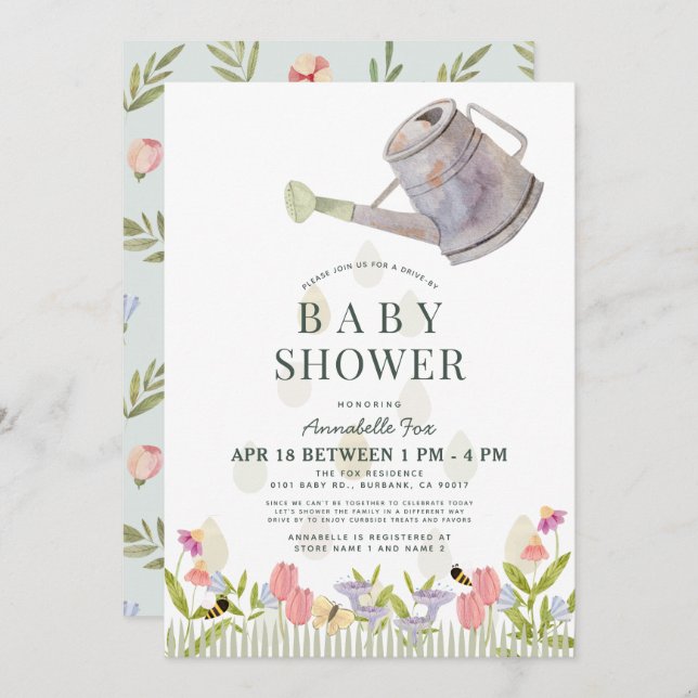 Watering Can Floral Garden Drive-by Baby Shower Invitation (Front/Back)