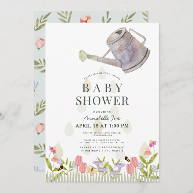 Watering Can Floral Garden Virtual Baby Shower Invitation (Front/Back)