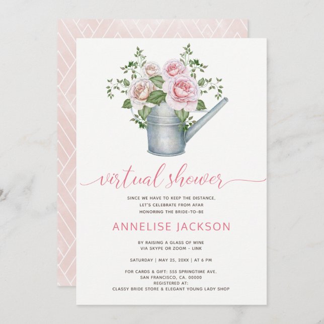 Watering can sage blush pink roses virtual shower invitation (Front/Back)