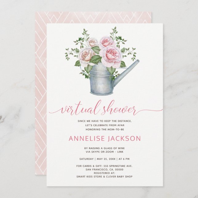 Watering can sage blush roses virtual baby shower invitation (Front/Back)