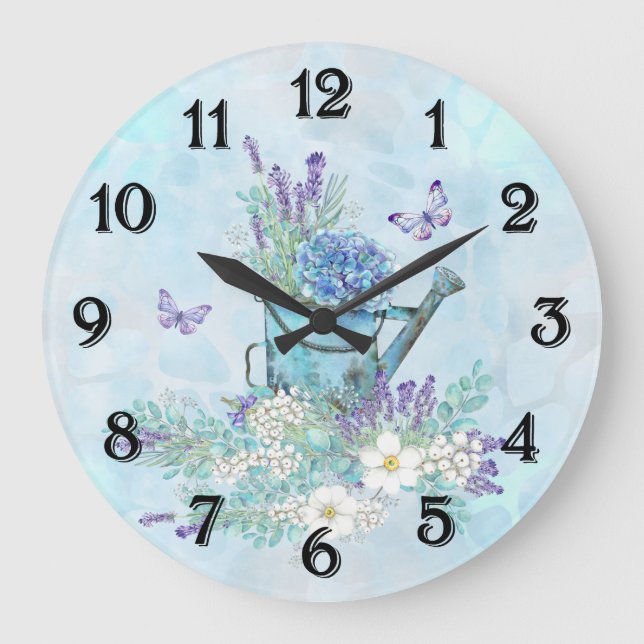 Watering Can With Summertime Flowers & Butterflies Large Clock (Front)