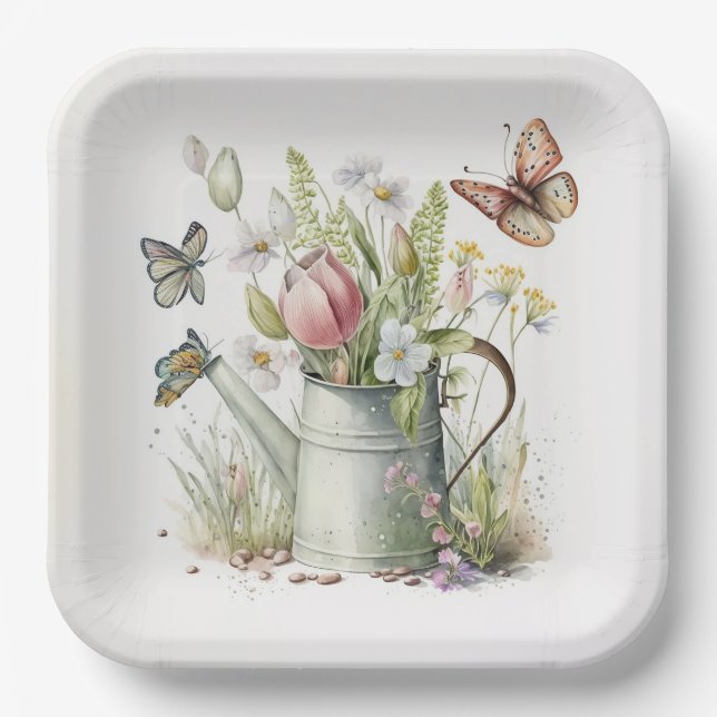 Watering Can With Tulips and Butterflies   Paper Plate (Front)