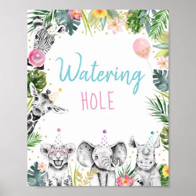 Watering Hole Pink Gold Tropical Safari Birthday Poster (Front)