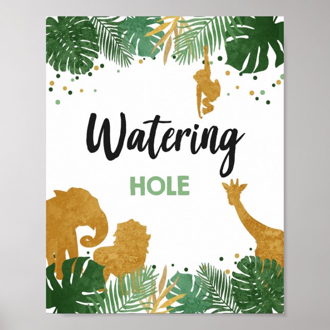 Watering Hole Safari Wild Animals Gold Birthday Poster (Front)