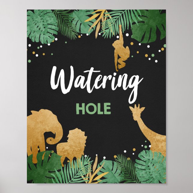 Watering Hole Safari Wild Animals Gold Birthday Poster (Front)