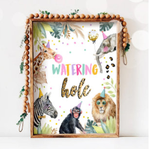 Watering Hole Wild Animal Girl Birthday Table Sign