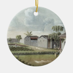 Watering tea plants (w/c on paper) ceramic ornament