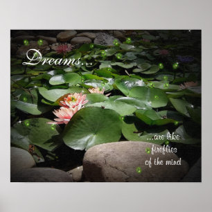 Waterlilies and fireflies watercolor with canvas t poster