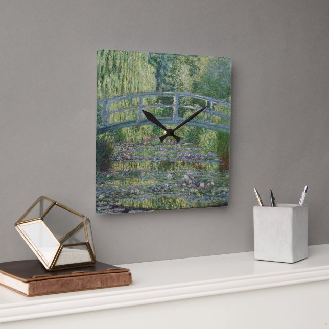 Waterlilies and Japanese Footbridge  Square Wall Clock (Office)