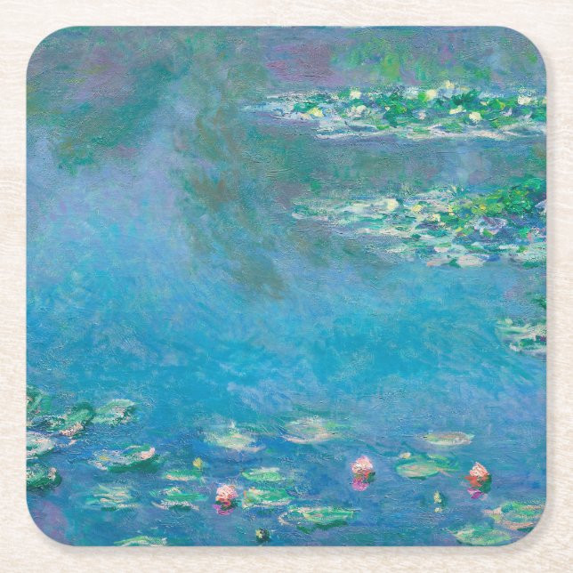 Waterlilies by Claude Monet Fine Art Painting Square Paper Coaster (Front)