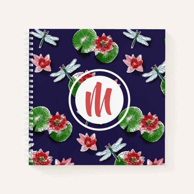 Waterlilies & Dragonflies Monogram Sketch|Notebook Notebook (Front)