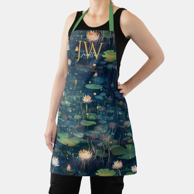 Waterlilies fairytale green hues custom Monogram Apron (Insitu)