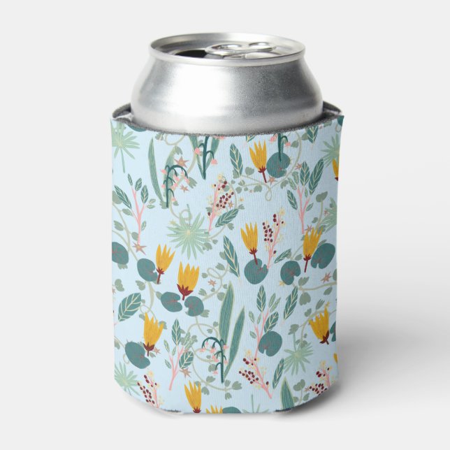 Waterlily Blooms Garden Pattern BLue Can Cooler (Can Front)
