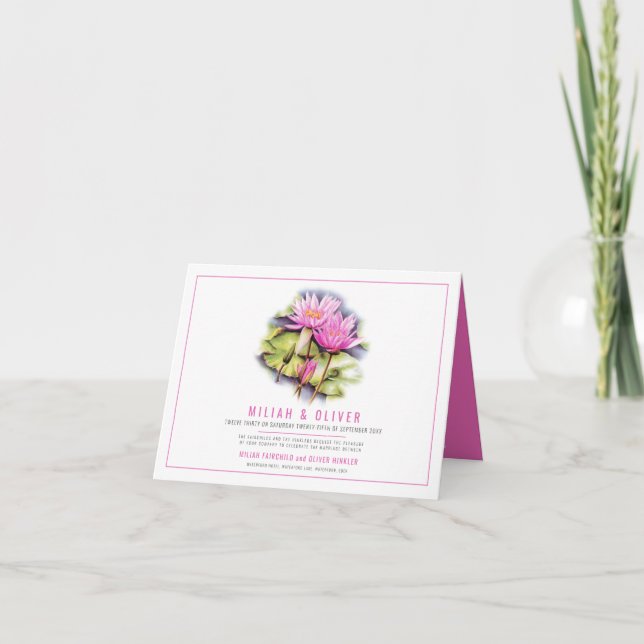 Waterlily botanical art pink custom photo wedding invitation (Front)