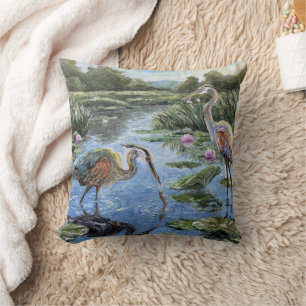 Waterlily Herons: Great Blue Herons in Pond  Cushion