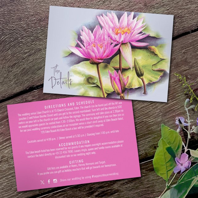 Waterlily pink blue watercolor art wedding details enclosure card (Creator Uploaded)