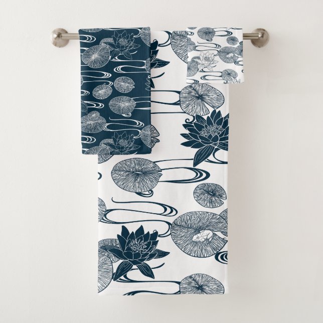  Waterlily Pond Towel White and Dark Blue (Insitu)