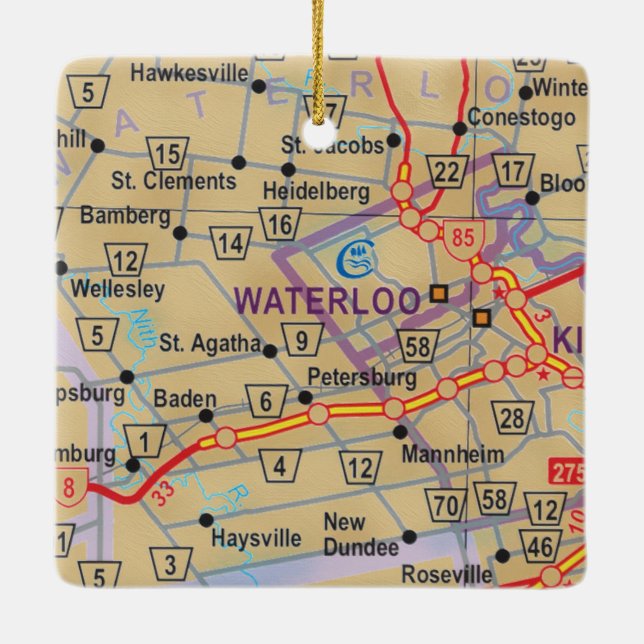 Waterloo Ontario Map Ceramic Ornament (Back)
