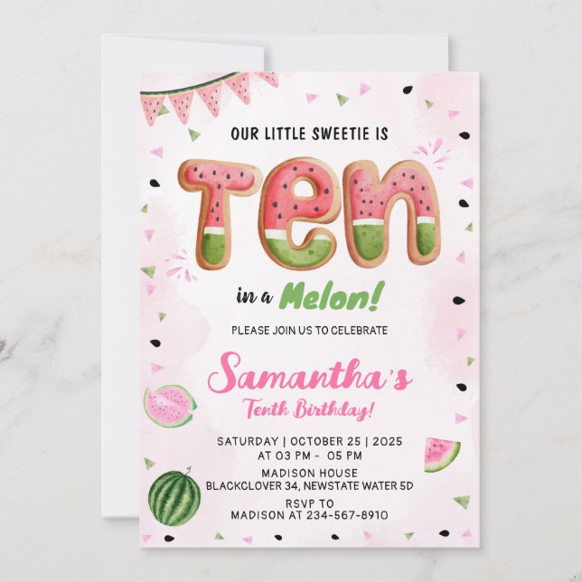 Watermelon 10th Birthday Party Invitation (Front)