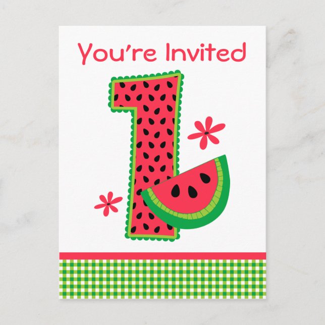 Watermelon 1st Birthday Gingham Invitation Postcard (Front)