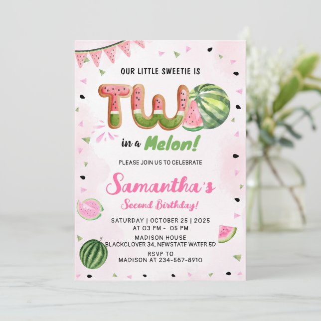 Watermelon 2nd Birthday Party Invitation (Standing Front)