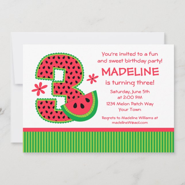 Watermelon 3rd Birthday Stripe Invitation (Front)