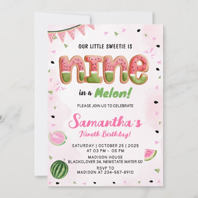 Watermelon 9th Birthday Party Invitation (Front)