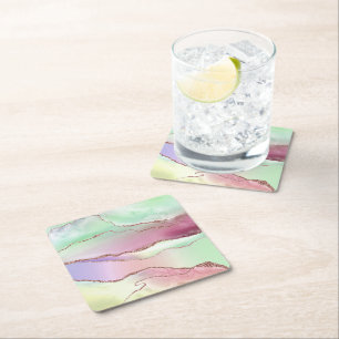 Watermelon Agate   Neo Mint Green and Cassis Pink Square Paper Coaster