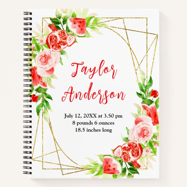 Watermelon and Pomegranate Baby Birth Stats Notebook (Front)