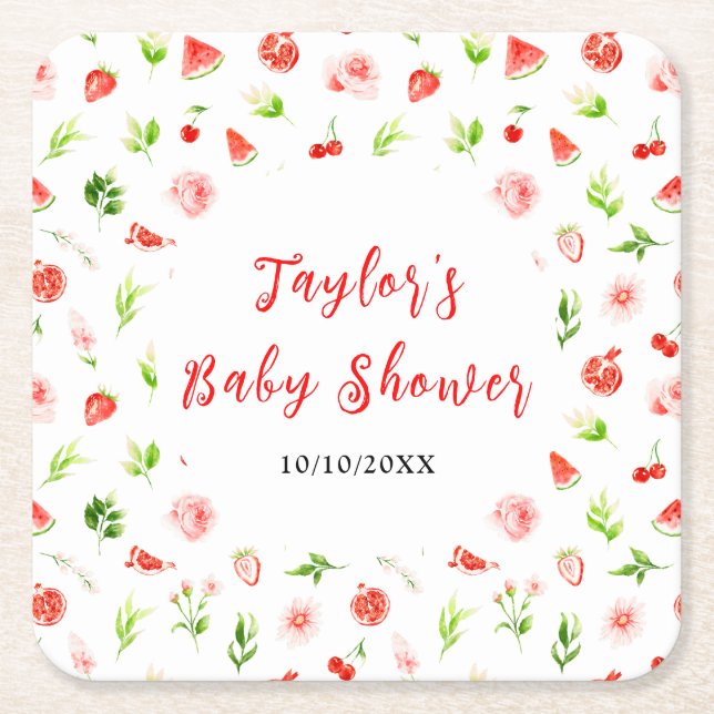 Watermelon and Pomegranate Baby Shower Square Paper Coaster (Front)