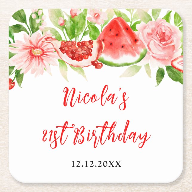 Watermelon and Pomegranate Birthday Square Paper Coaster (Front)