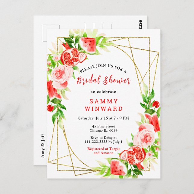 Watermelon and Pomegranate Bridal Shower Postcard (Front/Back)