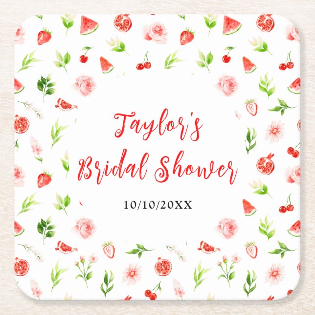 Watermelon and Pomegranate Bridal Shower Square Paper Coaster (Front)