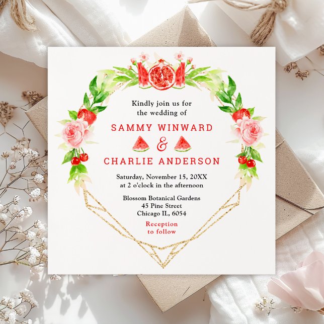 Watermelon and Pomegranate with Foliage Wedding Invitation (Creator Uploaded)