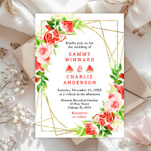 Watermelon and Pomegranate with Foliage Wedding Invitation