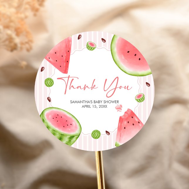 Watermelon Baby Shower Classic Round Sticker (Sweet Little Girl Watermelon Baby Shower Sticker)